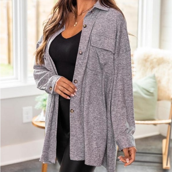 PINK LILY Charcoal Ribbed Shacket, S - Picture 2 of 4